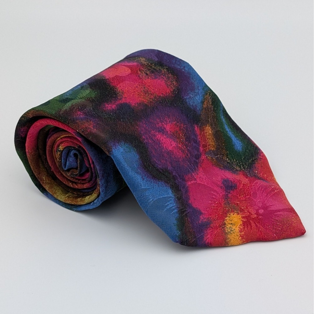 VTG Abstract Floral Silk Tie Multicolored Pink Blue Green Hand Made 59.75x3.75"